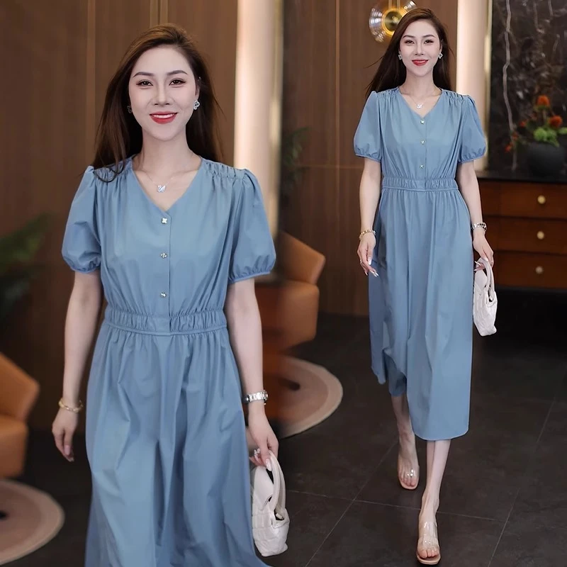 时尚连衣裙女2025夏季新款洋气减龄显瘦百搭收腰气质中长款裙子潮