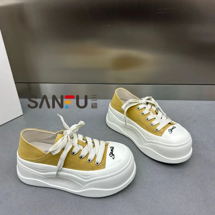 三福厚底增高帆布鞋女2025春秋新款软底轻便小白鞋系带大头休闲鞋
