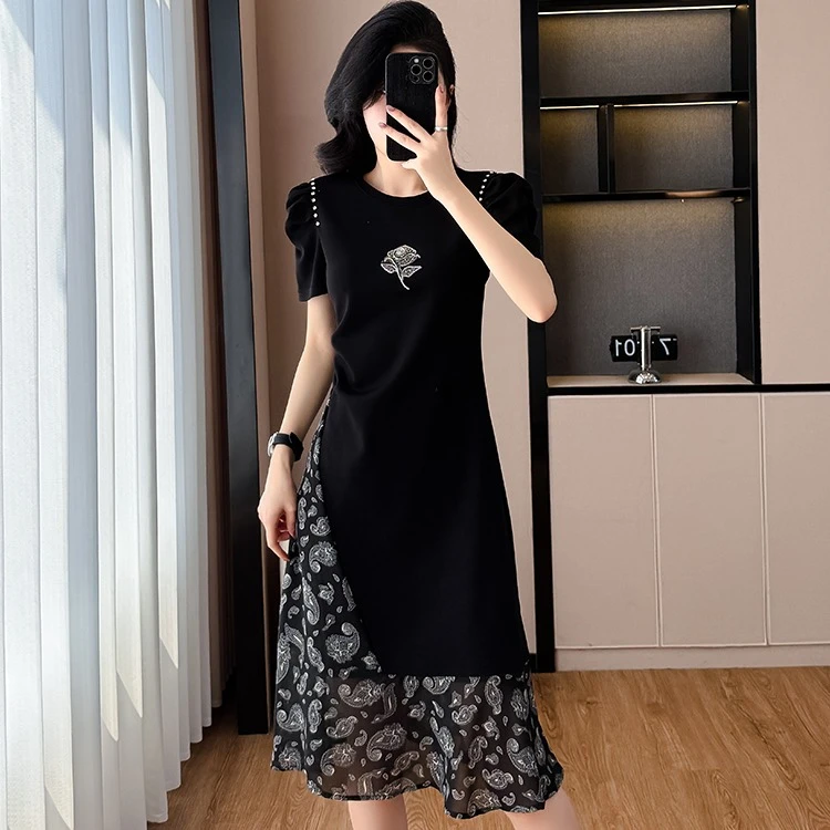 大码法式轻奢雪纺拼接遮肚T恤裙胖mm夏季正肩时尚显瘦减龄连衣裙