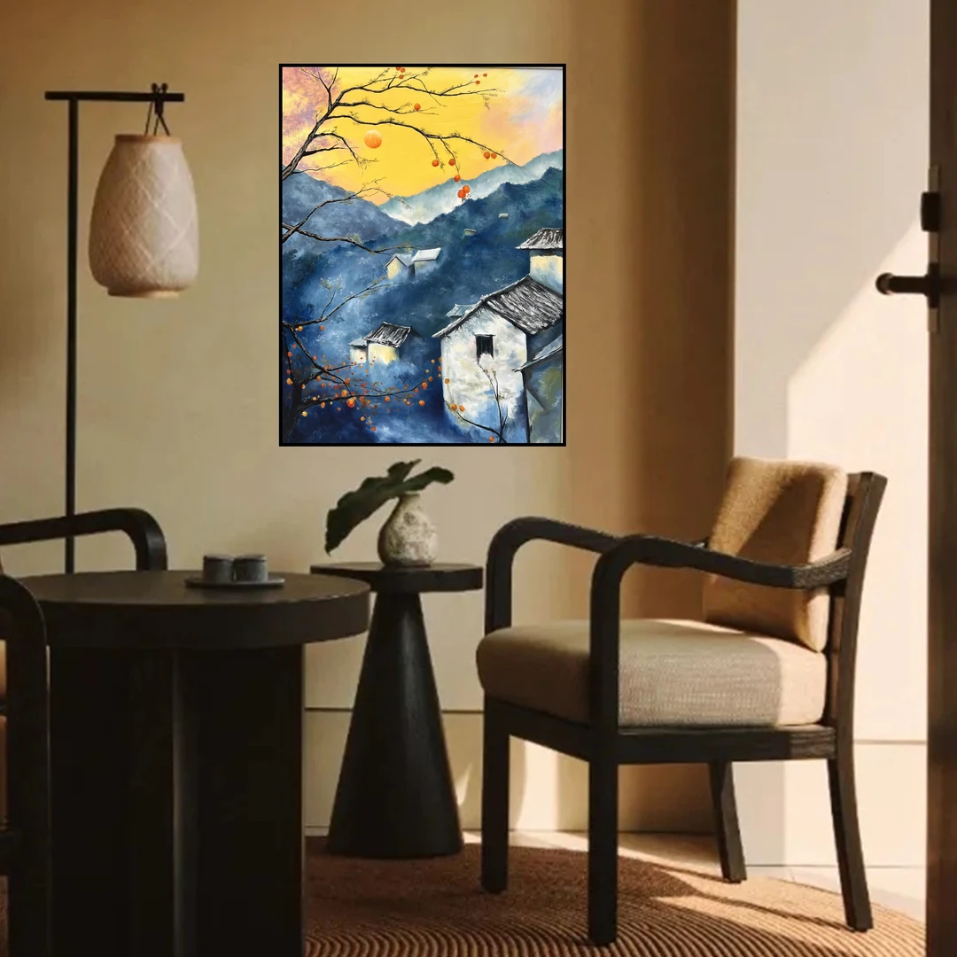 新中式柿子肌理装饰画风景画卧室书房茶馆茶室挂画