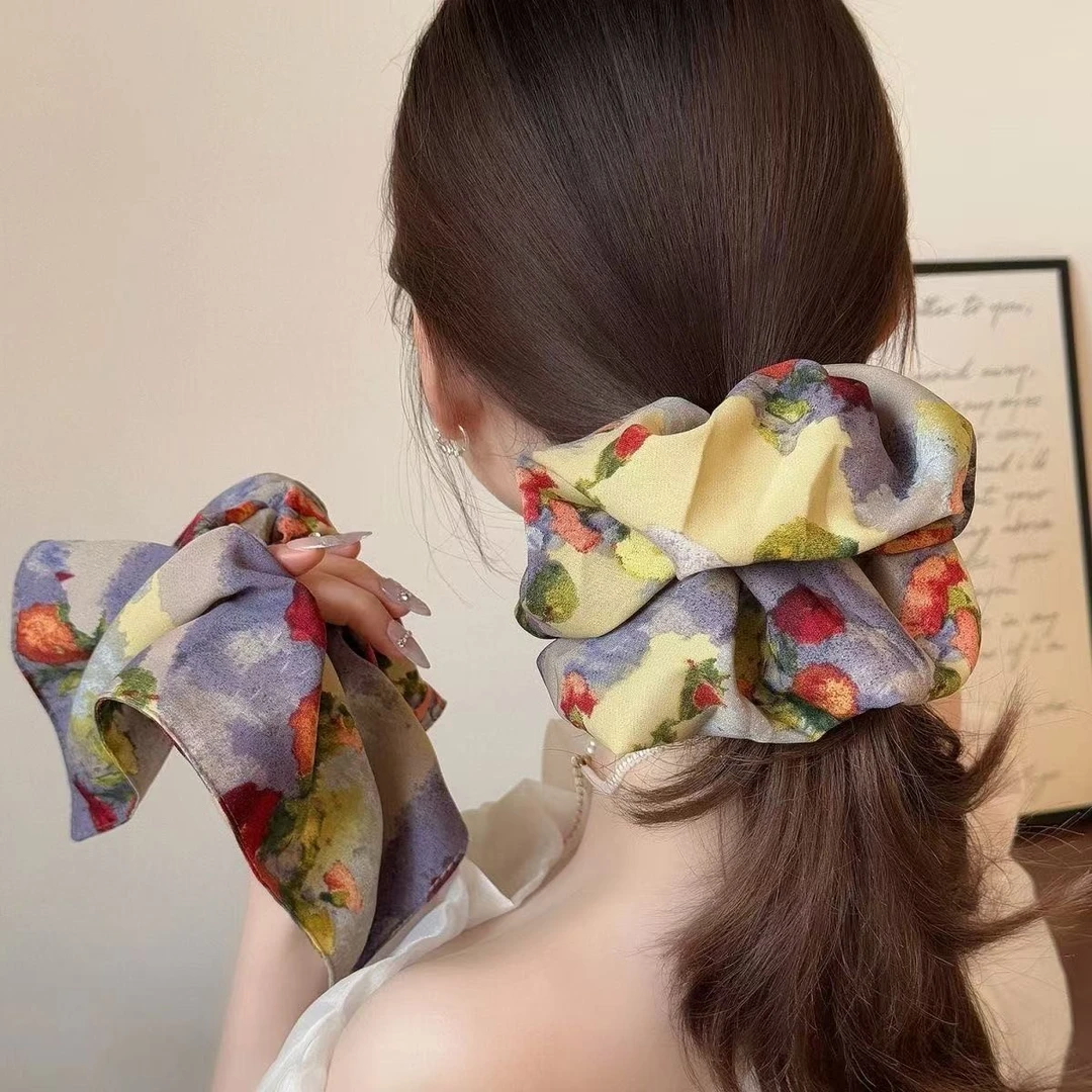 浪漫屿春油画风花朵方巾大肠发圈法式高级感温柔超大方形发饰头绳