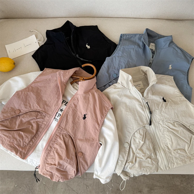 儿童外套2025春季新品男女童纯色拉链马甲宝宝刺绣无袖衣潮