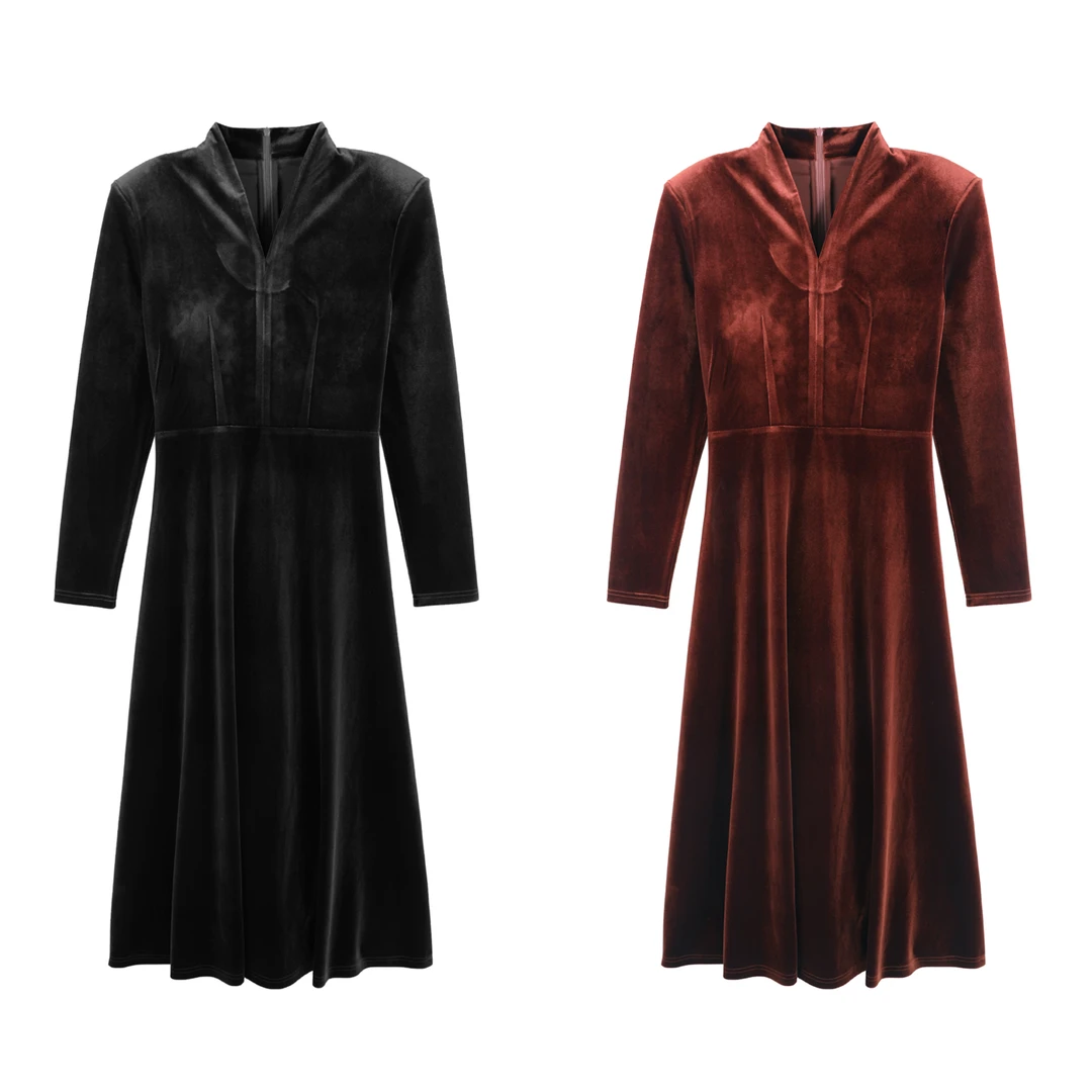 「京京」冬季新款复古丝绒收腰显瘦大摆时尚中长连衣裙HBZX710177