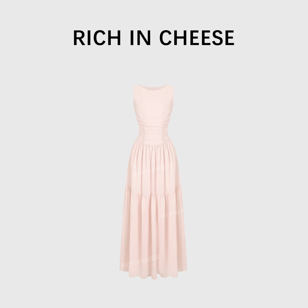 RICHINCHEESE 西柚少女 氛围感腰部压褶雪纺无袖长款连衣裙