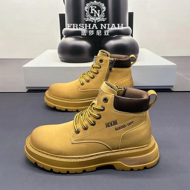 法莎尼亚轻便复古大黄靴男士秋冬季厚底百搭工装靴高帮休闲马丁靴