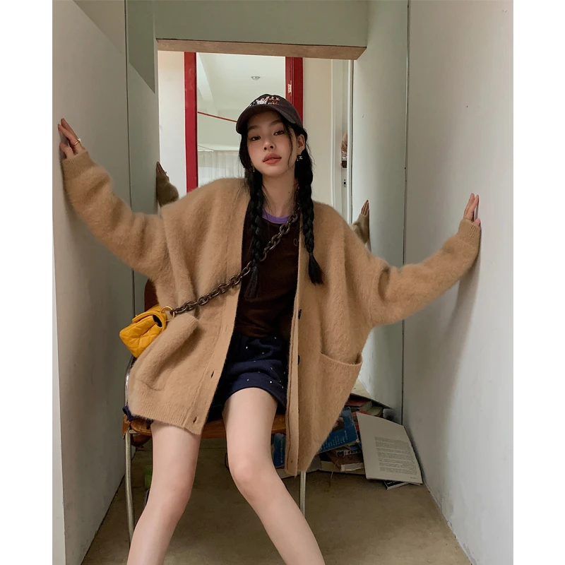 高级感水貂绒宽松开衫女韩版慵懒风毛衣外套厚绵羊毛针织衫秋冬季