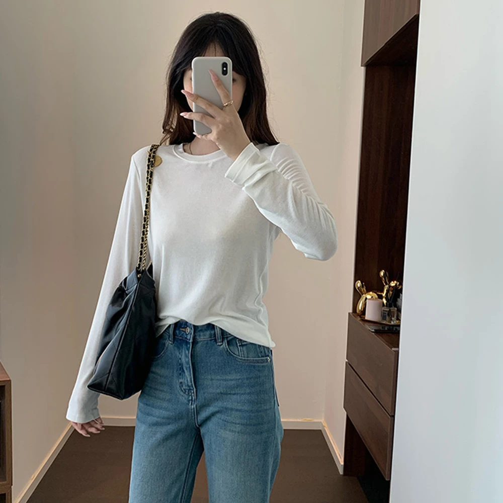 春季超柔圆领显瘦打底衫女长袖T恤基础款内搭上衣2025新款体恤衫