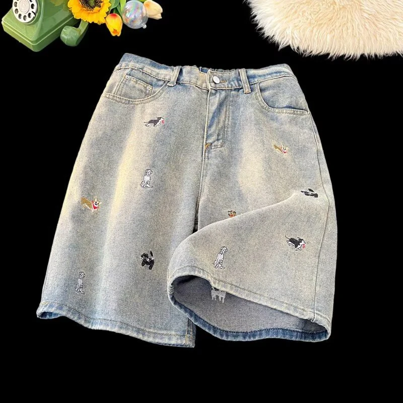 2025夏季新款小狗刺绣牛仔短裤男美式复古宽松水洗做旧直筒五分裤