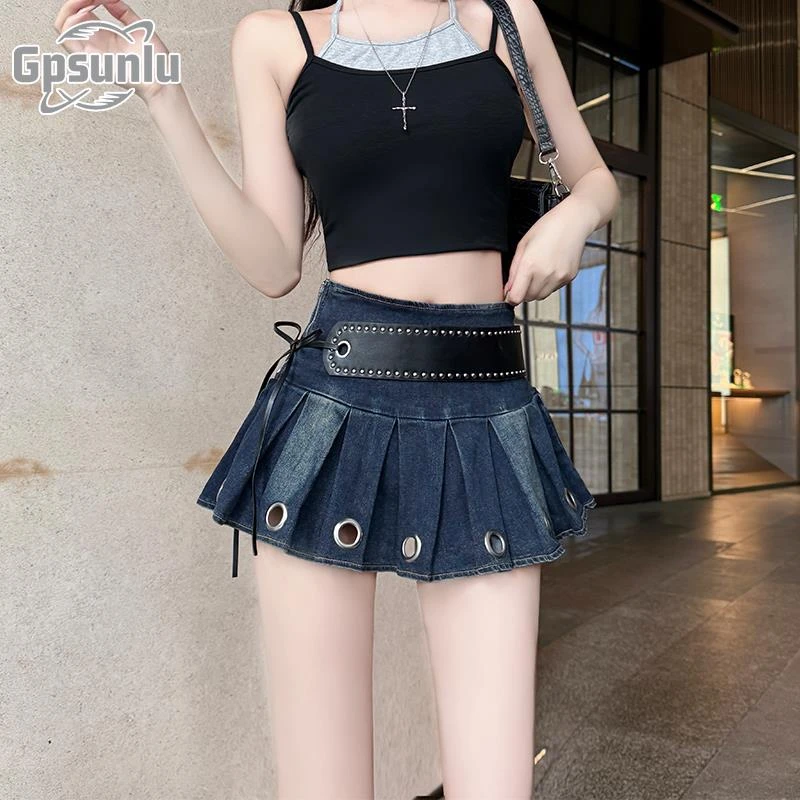 gpsunlu欧美辣妹牛仔超短裙女夏季新款百褶裙裤设计感黑色半身裙