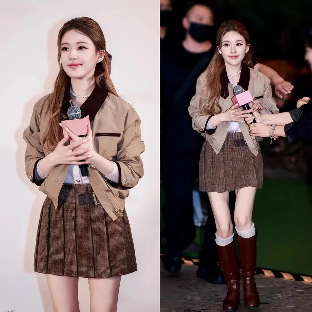 许我耀眼赵露思许妍同款棕色短款夹克外套女复古美拉德半身裙套装