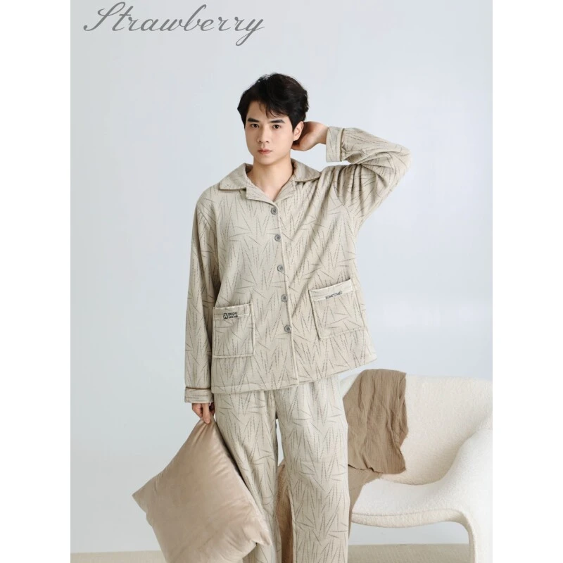2025新款秋冬海岛绒双层复合印花男士西装领休闲睡衣套装8075