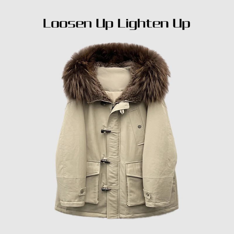 Loosen Up【牛角扣派克】白鹅绒大貉子毛领可拆卸防风连帽羽绒服