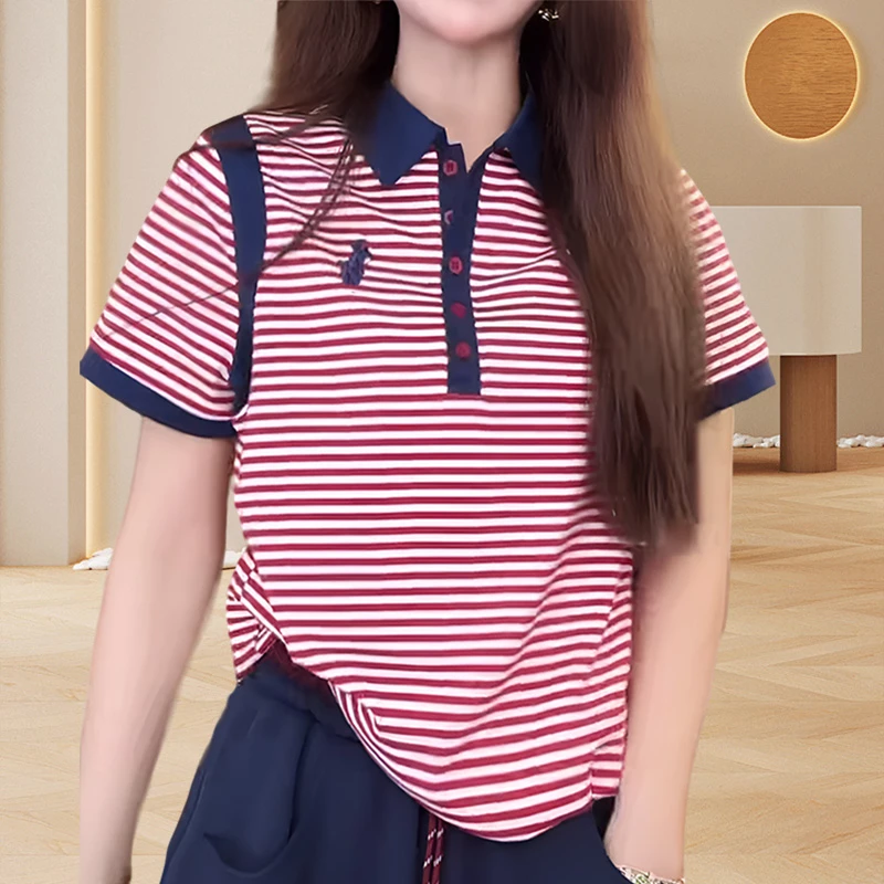 纯棉小马刺绣翻领t恤短袖2025夏季宽松百搭休闲时尚女士短袖t恤