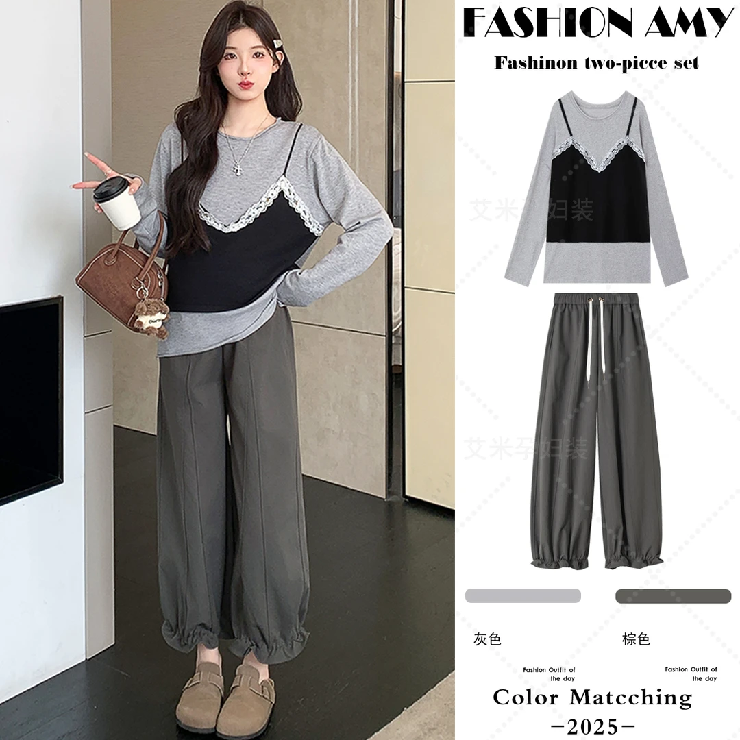 孕妇装秋装套装新款时尚韩版拼接假两件长袖上衣休闲花边阔腿裤子