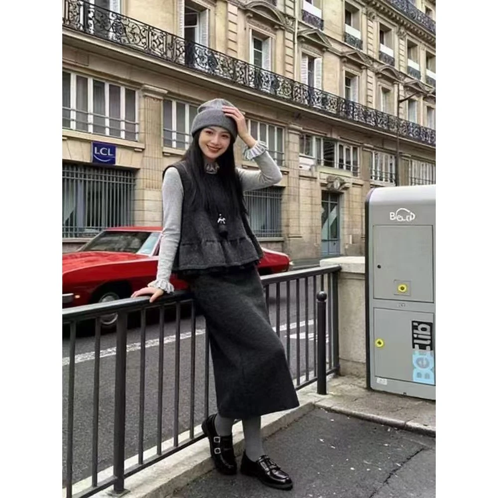 婷婷专属韩系小香风套装灰色马甲打底衫搭时尚半身裙三件套2678