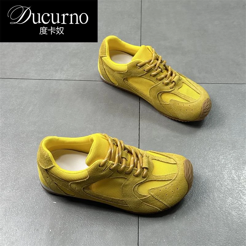 DUCURNO 真皮黄色德训鞋女2025夏季新款平底网面透气百搭运动女鞋
