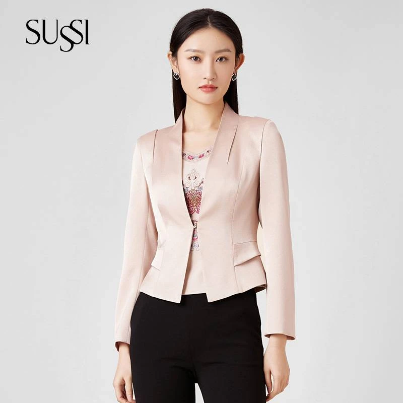 【商场同款】SUSSI/古色夏季新品杏色通勤简约立领长袖西装外套女