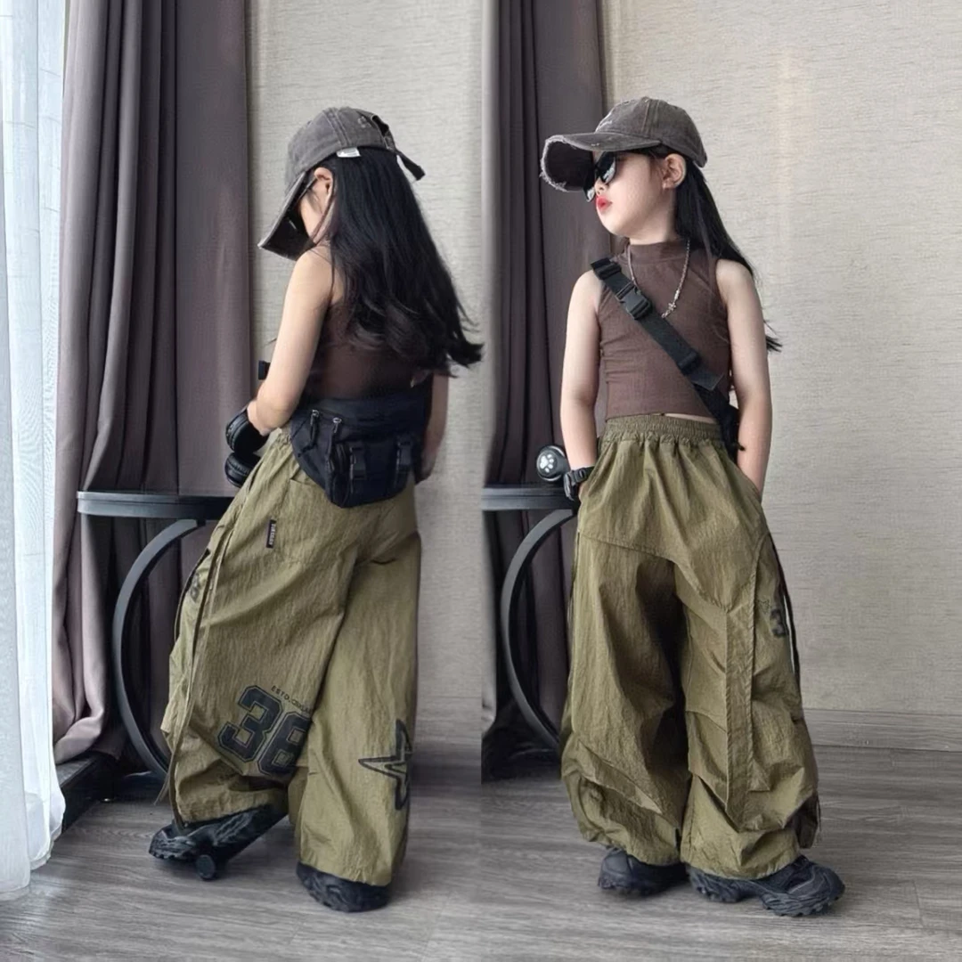 中大女童工装裤高阶假二件美式街舞运动宽松紧腰军绿色长裤子套装