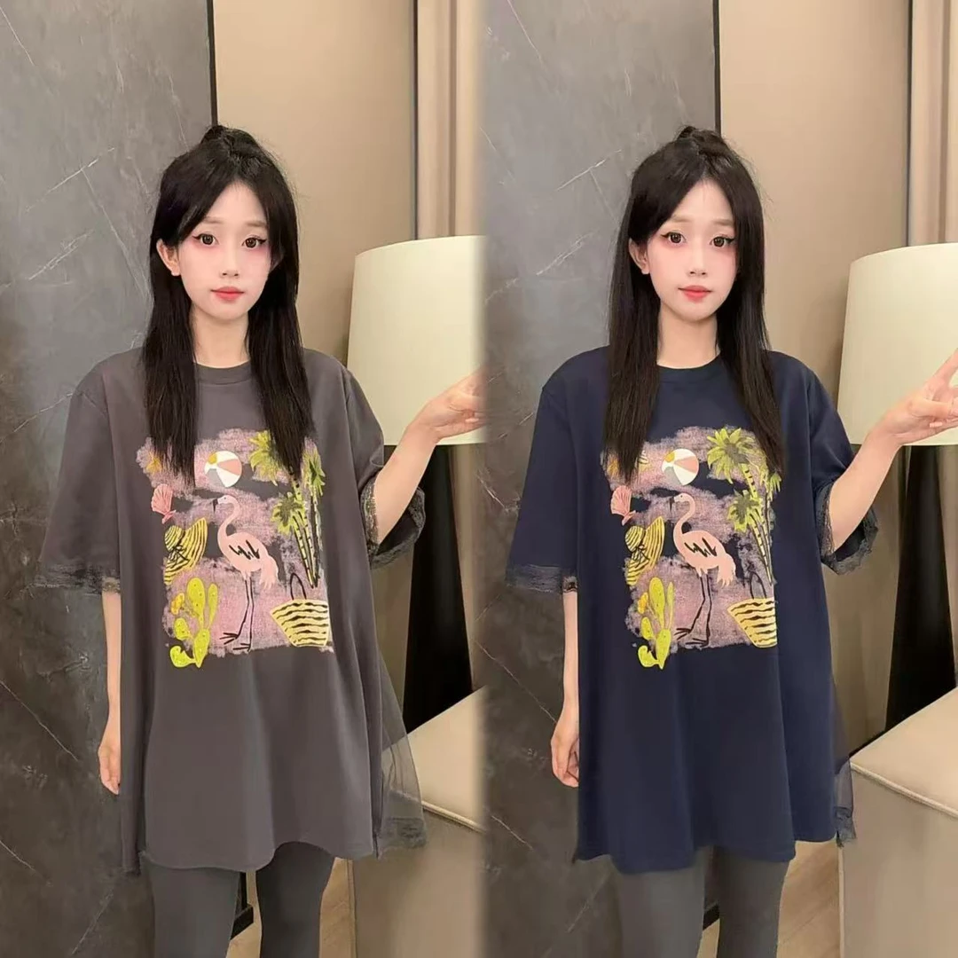 二姐的宝藏夏款海岛度假风火烈鸟手绘蕾丝拼接短袖上衣#25146