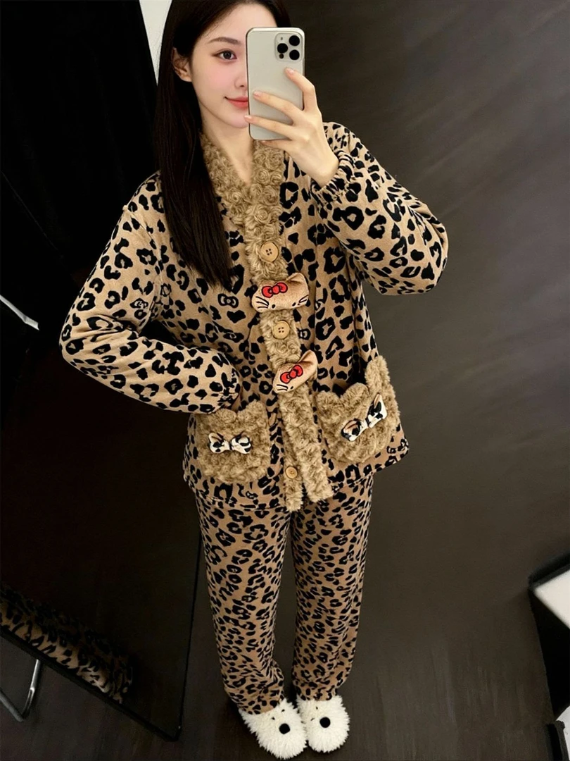 海岛绒睡衣女豹纹Kitty秋冬新款韩版洋气保暖双面绒可外穿家居服