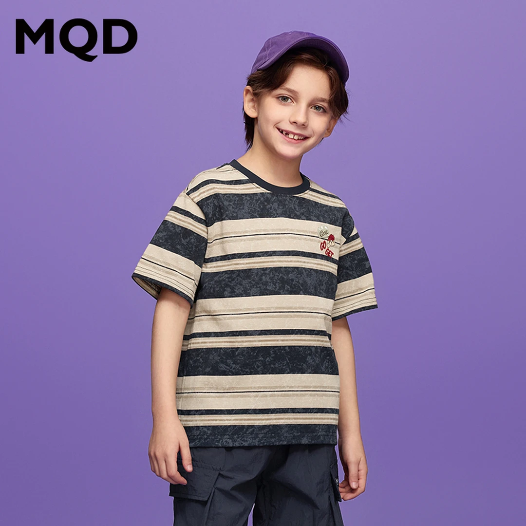 MQD童装25夏季新品学院风条纹上衣百搭休闲亲肤短袖T恤9652W0315