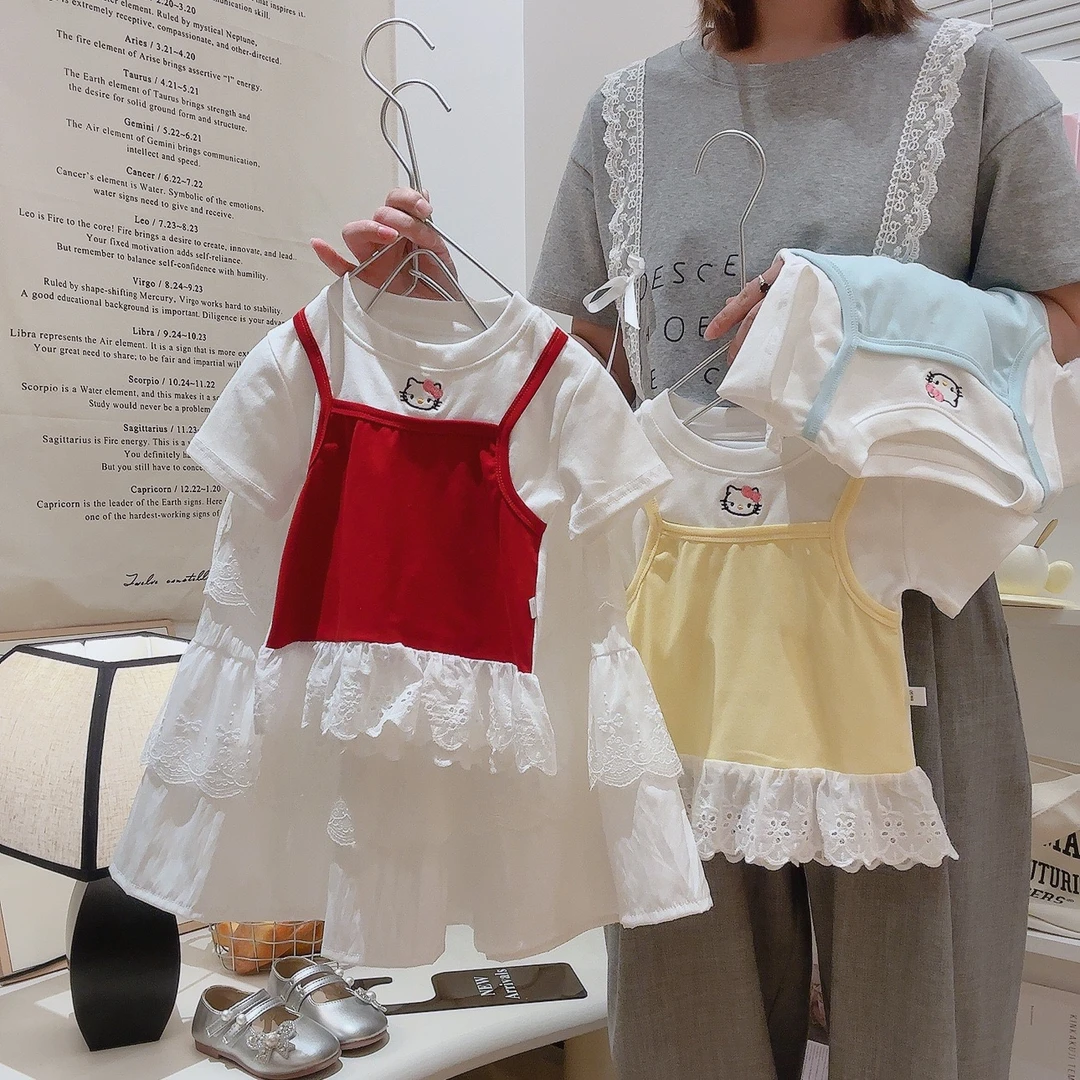2025夏季新款女童甜美假两件刺绣KT猫短袖T恤爆款棉上衣