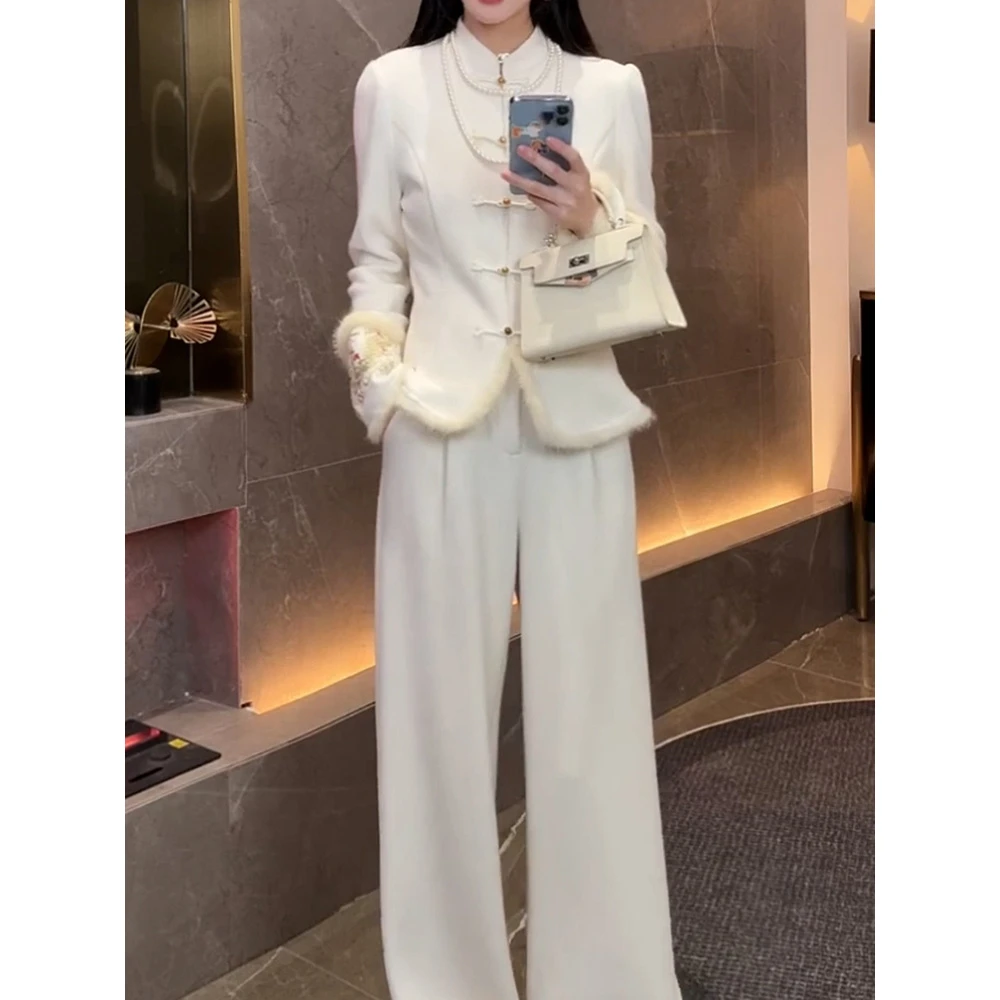 新中式文艺风高档纯色裤套装2025秋季新款盘扣立领百搭上衣+裤子