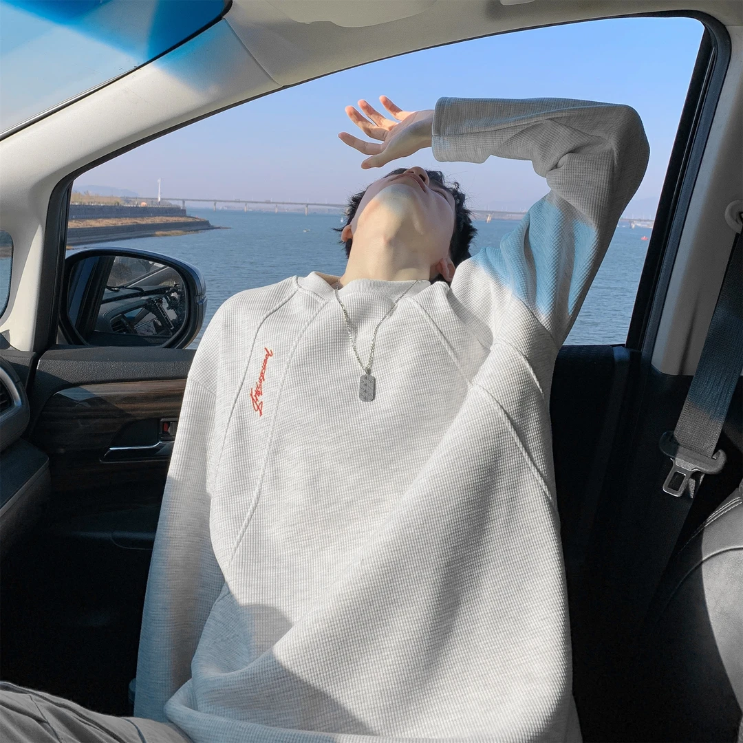 华夫格刺绣斜切圆领卫衣男冬季高街cleanfit加绒加厚内搭长袖T恤