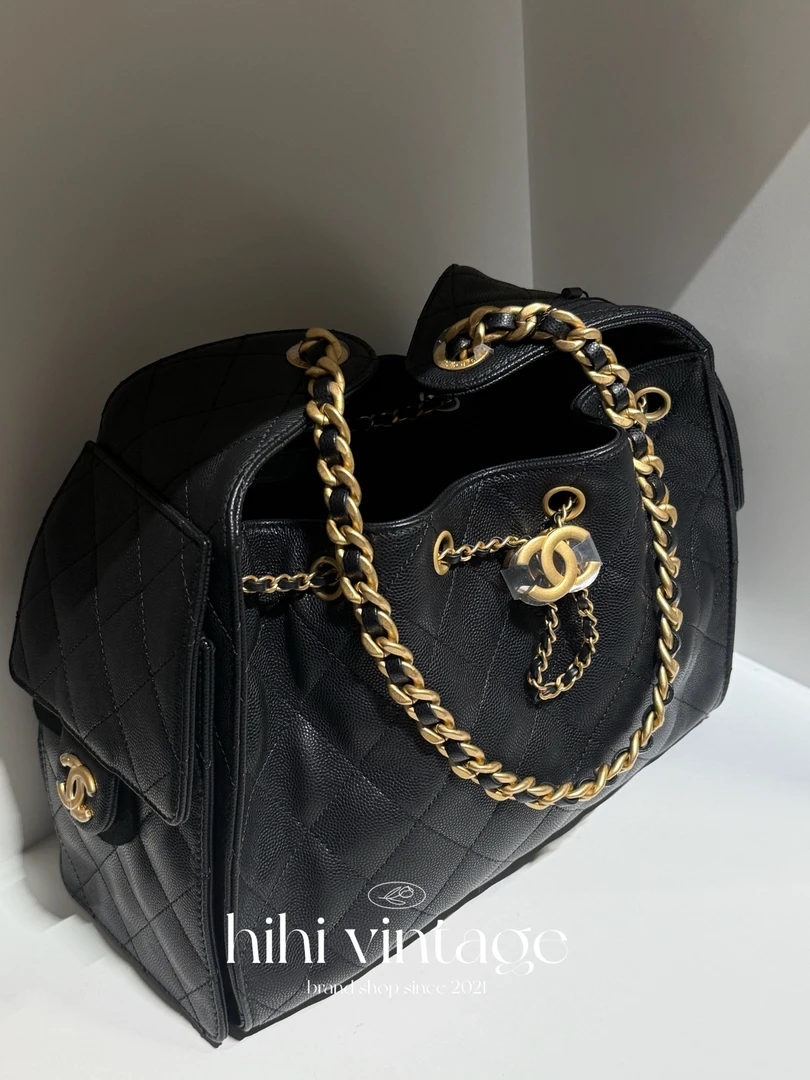 未使用 Chanel/香奈儿 Chanel 25A 黑金牛皮双口袋抽绳25bag/一店