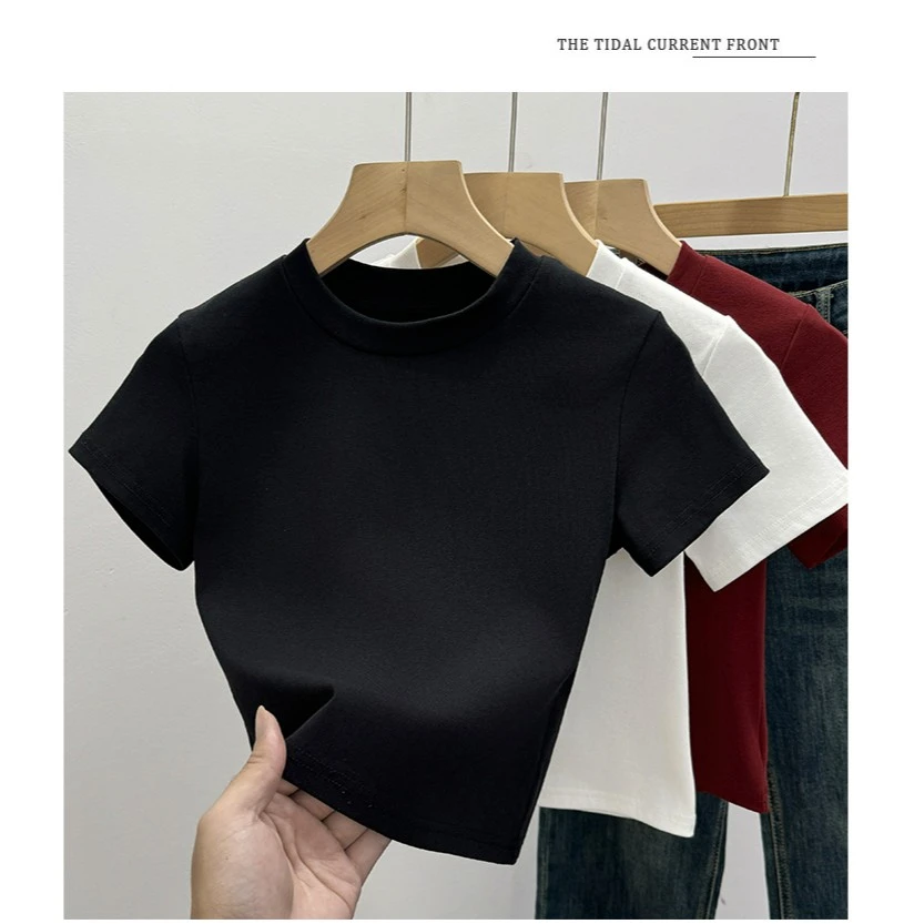 桃子西夏季纯色ins显瘦小众修身百搭圆领短款T恤打底衫