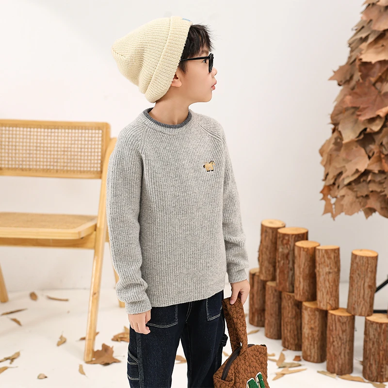 25年新款小马刺绣儿童100%纯羊毛衫加密加厚款儿童羊毛衫圆领设计