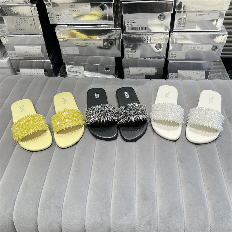 欧洲站2025夏款真皮女鞋时尚舒适小仙女风钉珠流苏平底一字凉拖鞋