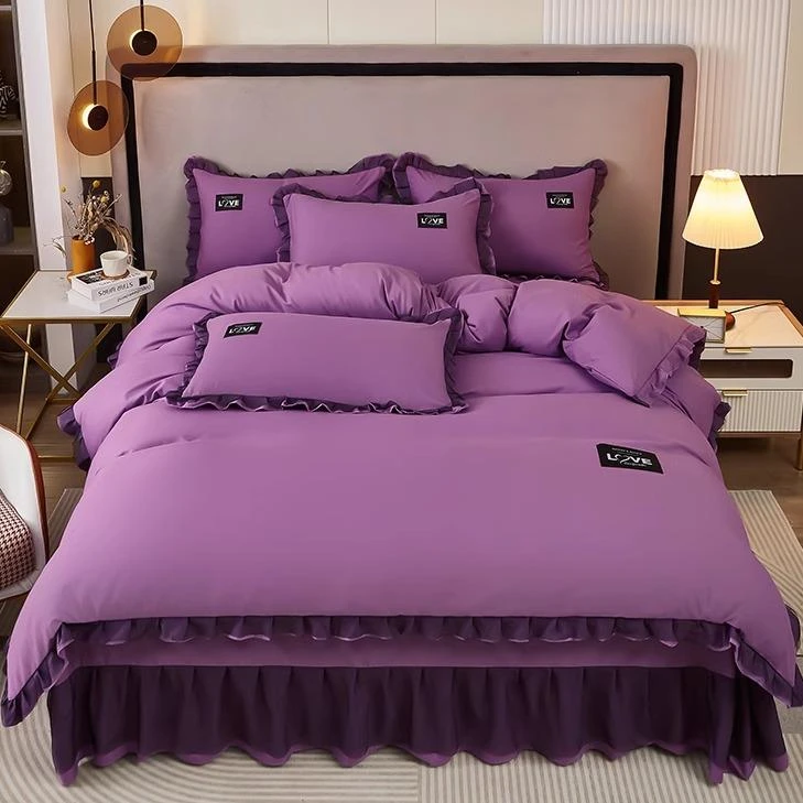 水星家纺适用韩式花边四件套纯棉水洗磨毛2025新款全棉被套床单床