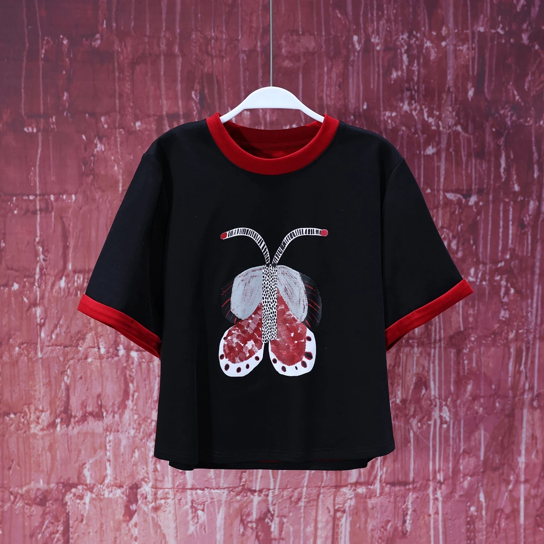 【韩哥女装】设计师高定欧货小众轻奢黑色拼接印花短款T恤6632A