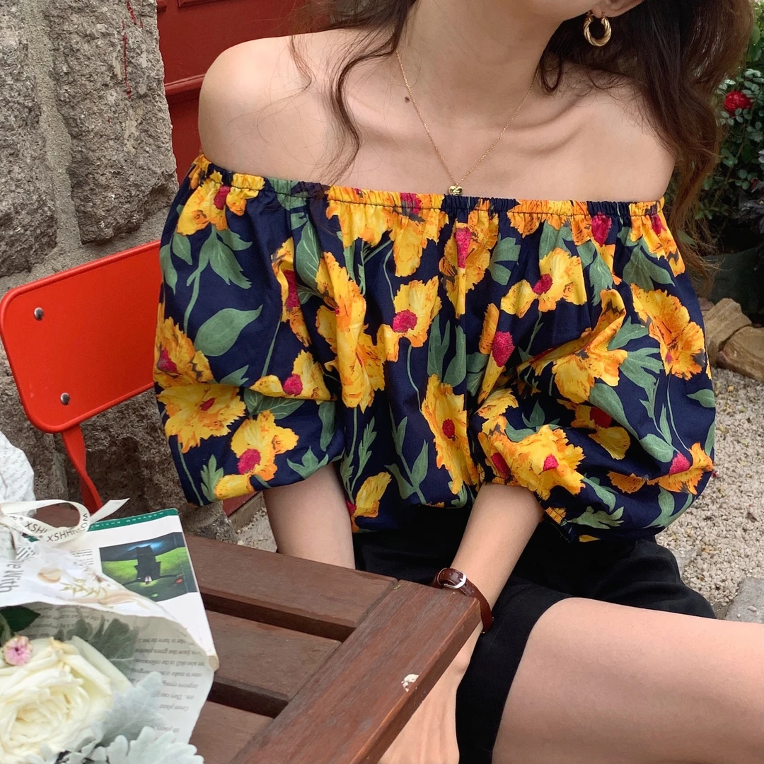 欧美韩国ins夏季新款泡泡袖露肩花色短袖碎花一字领上衣女衬衫印