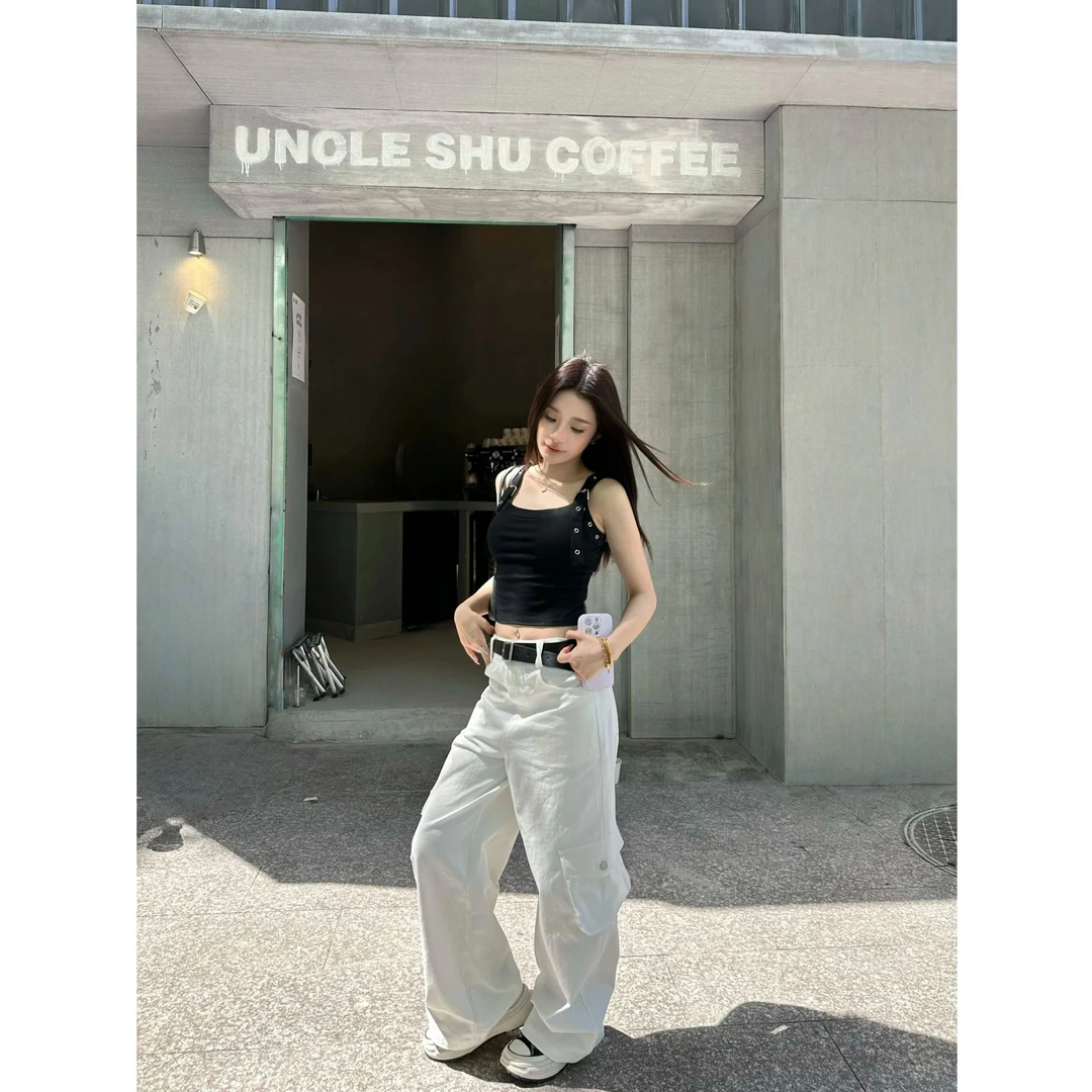 【大口袋工装】文雅说小众设计感直筒工装裤纯白色宽松辣妹显瘦高腰