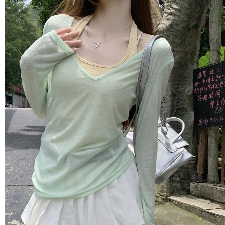 韩系纯欲风防晒罩衫薄荷绿两件套春夏季女小众慵懒挂脖式背心上衣