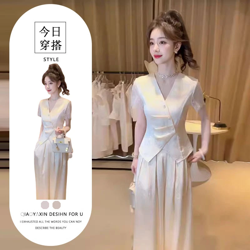 2025夏季超火高级气质轻奢米白拼接上衣+显瘦松紧腰休闲裤两