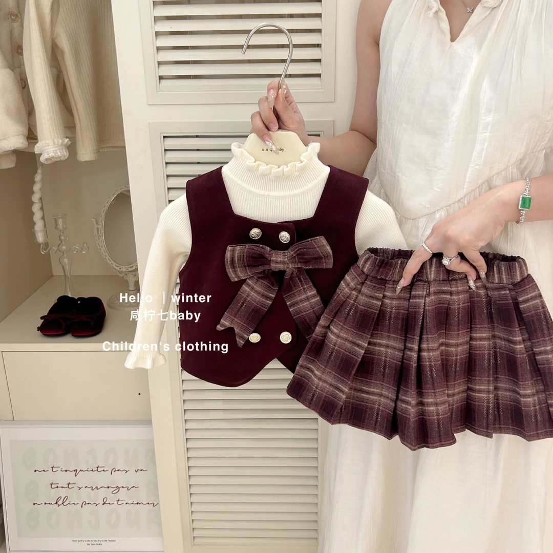 【现】秋冬韩国女童百褶裙套装洋气加绒英伦风格子裙学院风三件套