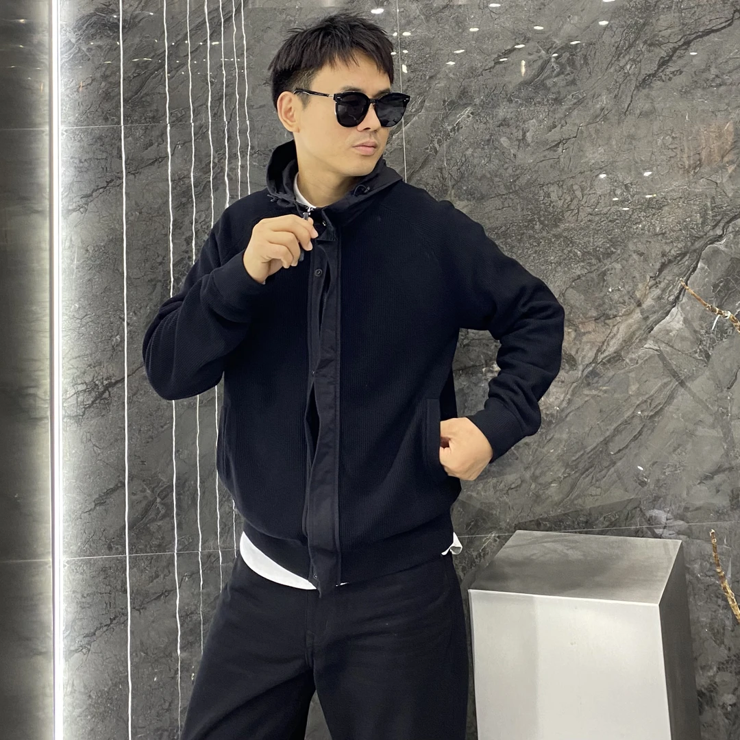 秋冬绵羊毛混纺假两件拼接连帽修身针织毛衣外套高品质针织卫衣男