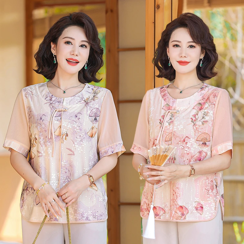 中老年妈妈夏装短袖洋气碎花上衣夏季薄款中国风T恤冰丝小衫套装
