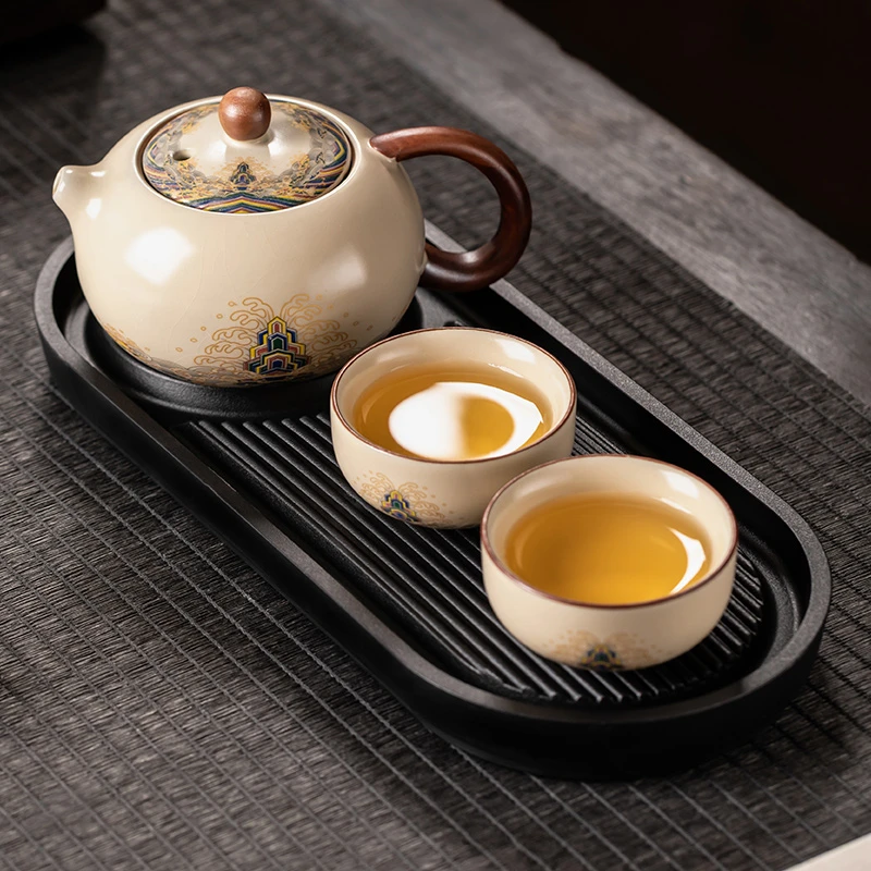 米黄汝窑西施壶一壶两杯家用高档陶瓷功夫泡茶壶会客喝茶2025新款