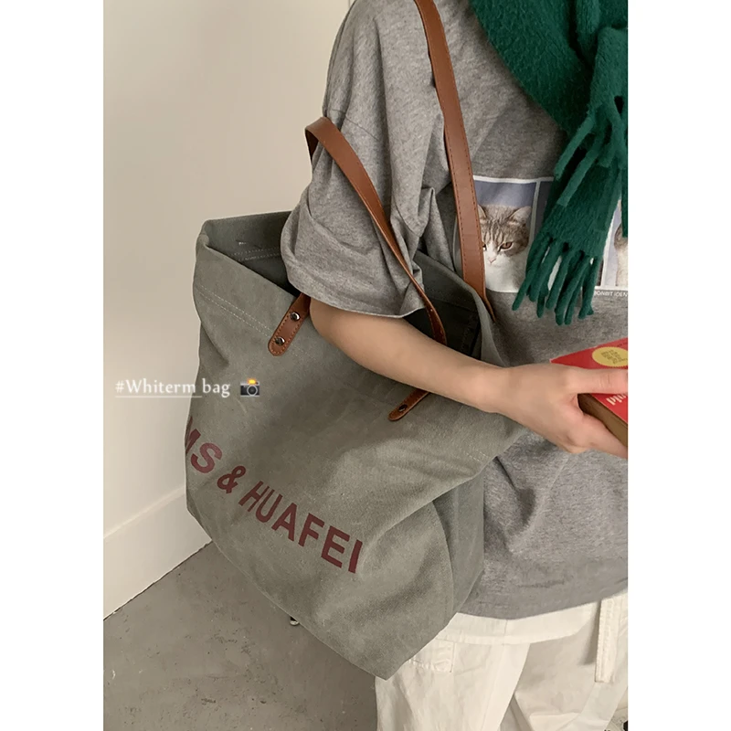 学院风帆布包包女2024新款潮时尚韩国字母托特包休闲大容量购物袋