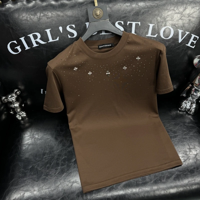 2025轻奢男士新款短袖T恤潮流烫钻时尚圆领百搭半袖休闲品质男装