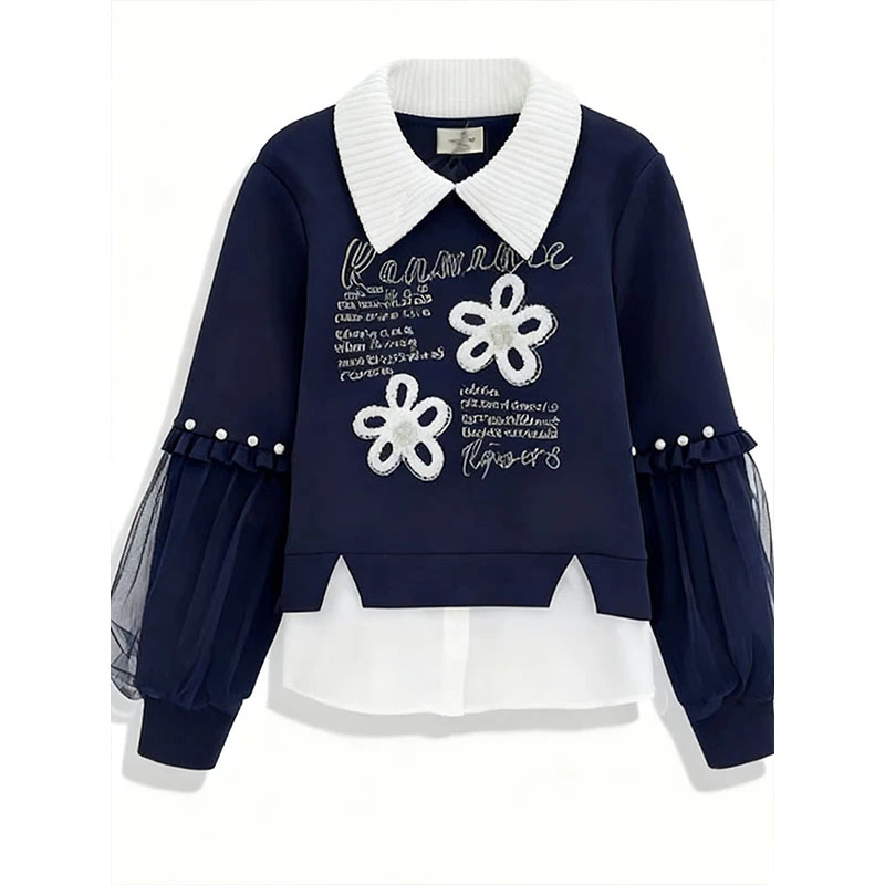 高级感花朵钉珠翻领假两件网纱拼接卫衣女2025秋冬新款减龄上衣潮