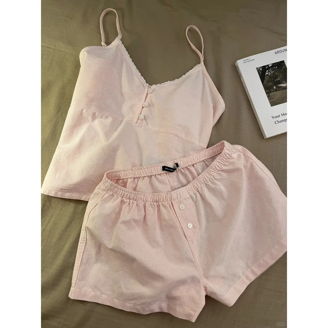 【甜美条纹】韩版少女吊带睡衣女夏天穿搭纯欲风性感短裤居家服套装