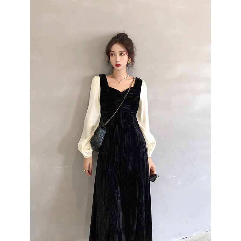 法式复古长袖秋冬新款拼接丝绒连衣裙高端轻奢小众高级感礼服裙女
