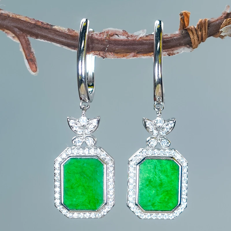天然翡翠A货精致蝴蝶设计辣阳绿翡翠银白色八角方牌耳钉耳扣耳包