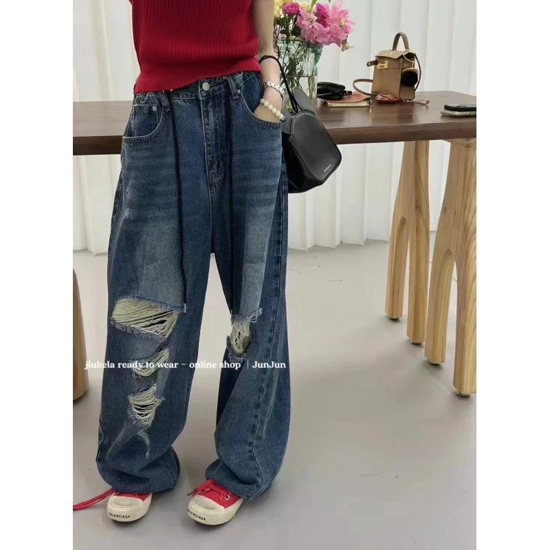 XMM.《破洞牛仔阔腿裤》夏季时尚百搭洋气休闲小众显瘦阔腿裤-25882