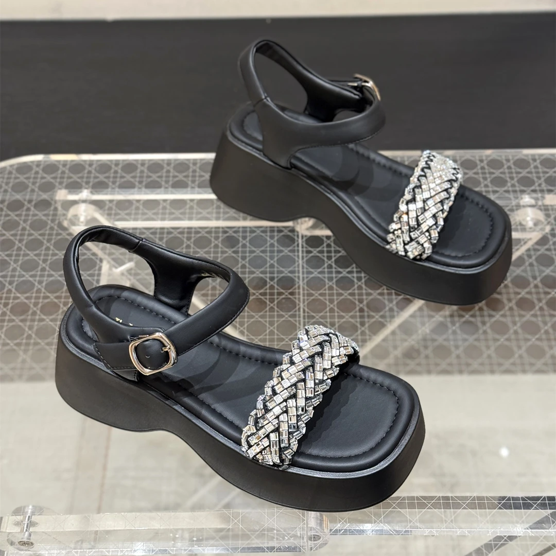 法式厚底增高一字带凉鞋女2025新款夏方头水钻仙女百搭休闲罗马鞋